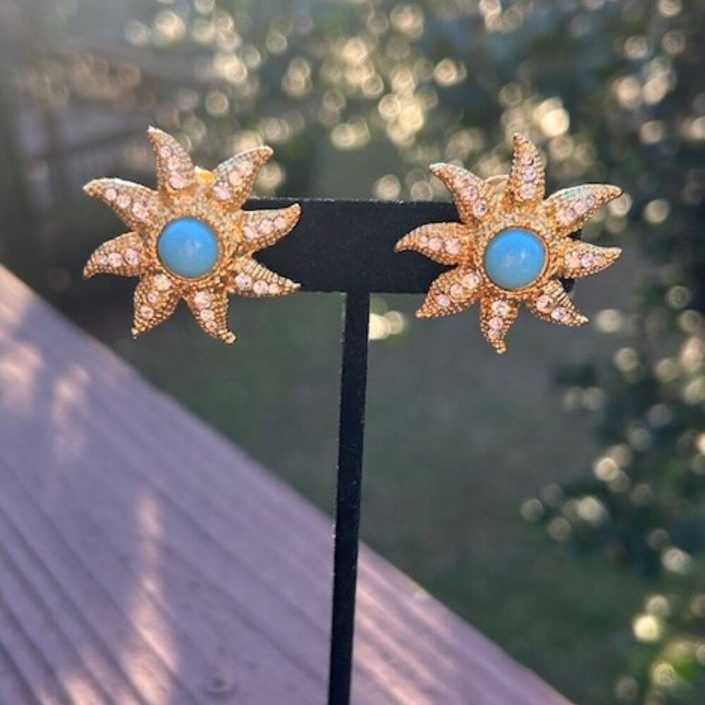 R.J. GRAZIANO Gold Rhinestone Sunburst Blue Stone EARRINGS - Picture 7 of 9